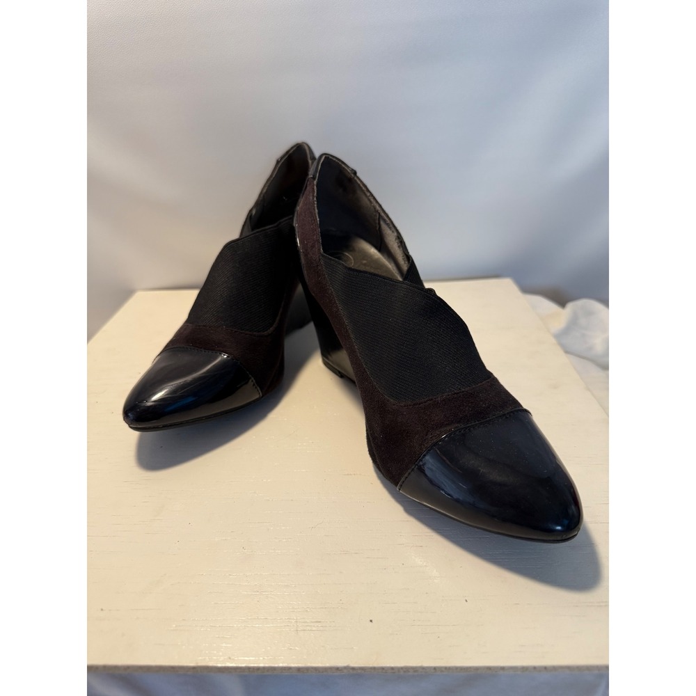Mootsie Tootsie Black Patent Suede Wedge Heels Pumps Shoes Women Size 9M